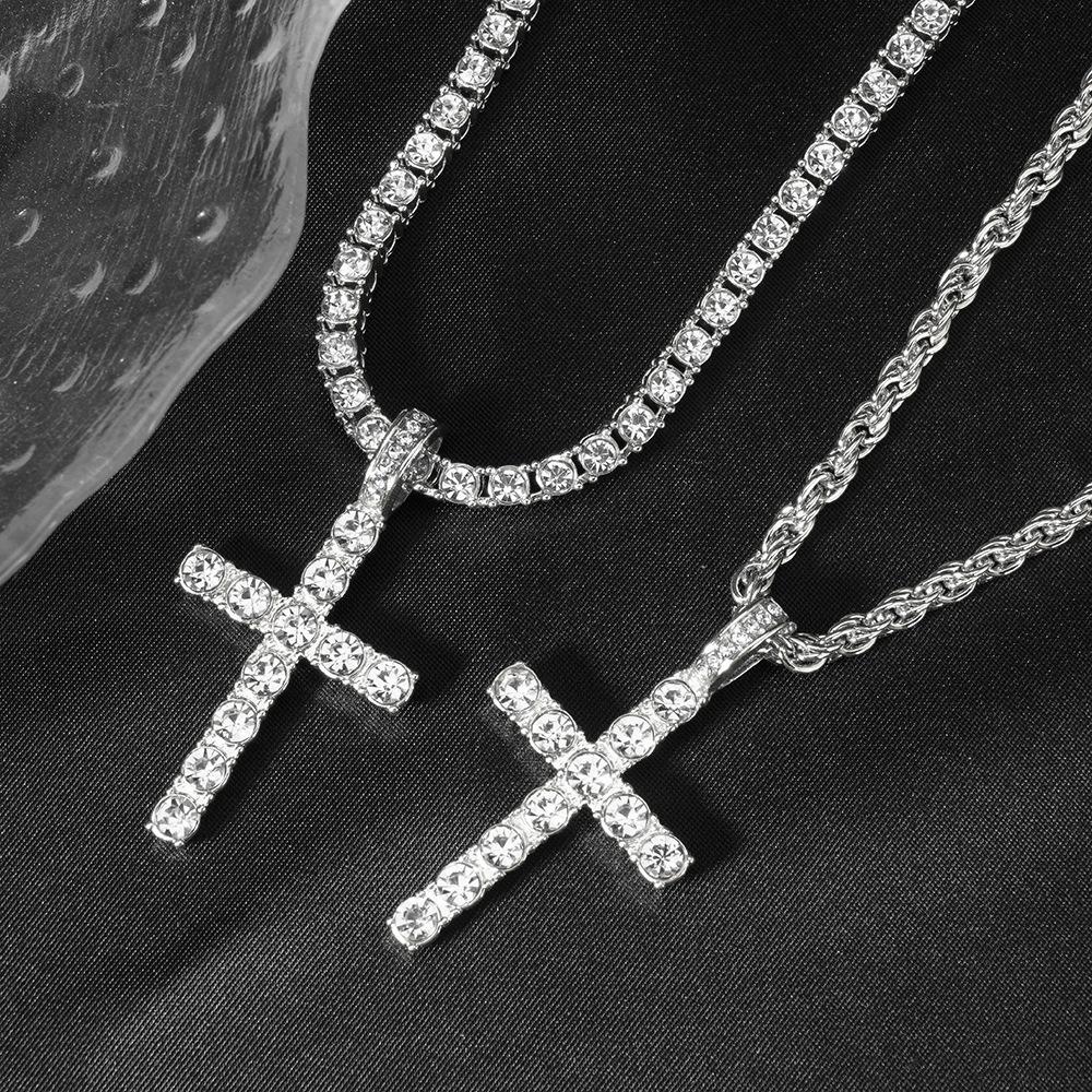 Hip Hop Cross Pendant Layered Necklace, 4mm Rhinestone Tennis Chain Set for Men Women