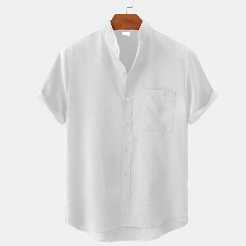 Men's Summer Solid Color Short Sleeve Cotton Linen Shirt Standing Collar Casual Wearable Tops