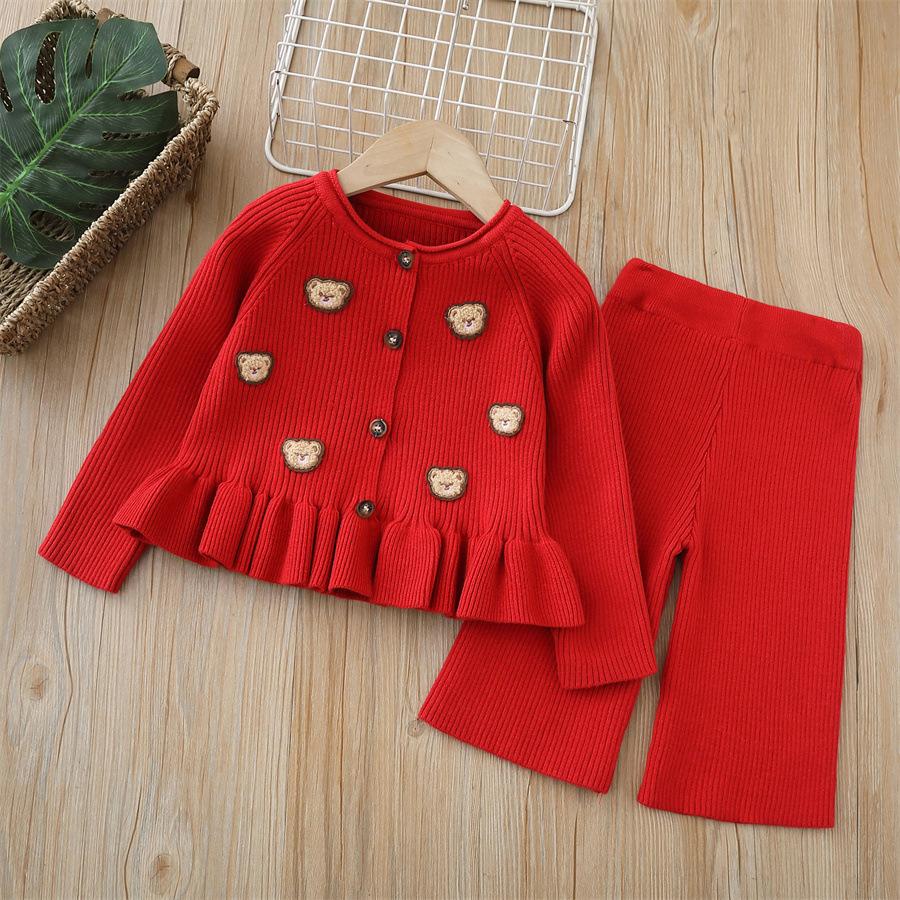 

Girls Sweater Knitted Two-piece Set Autumn and Winter New Baby Girl Cartoon Pants Set 90cm красный