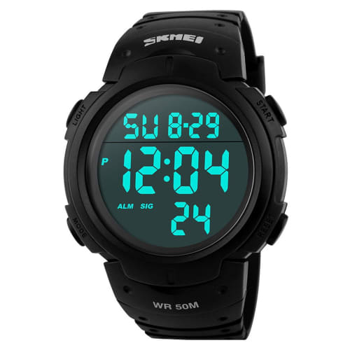SKMEI Men's Large Dial Sports Watch, 5 ATM Water Resistant, Digital Display, LED Light, Date, Day of the Week, Calendar, Alarm, Plastic Strap, Black