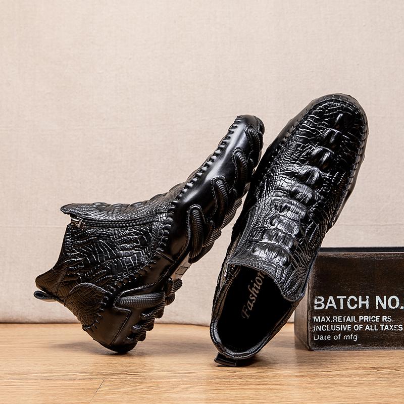 Men's Stylish High-Top Casual Shoes, Crocodile Embossed Cowhide Leather, Easy-Use Metal Zipper, Durable&Fashionable for Leisure