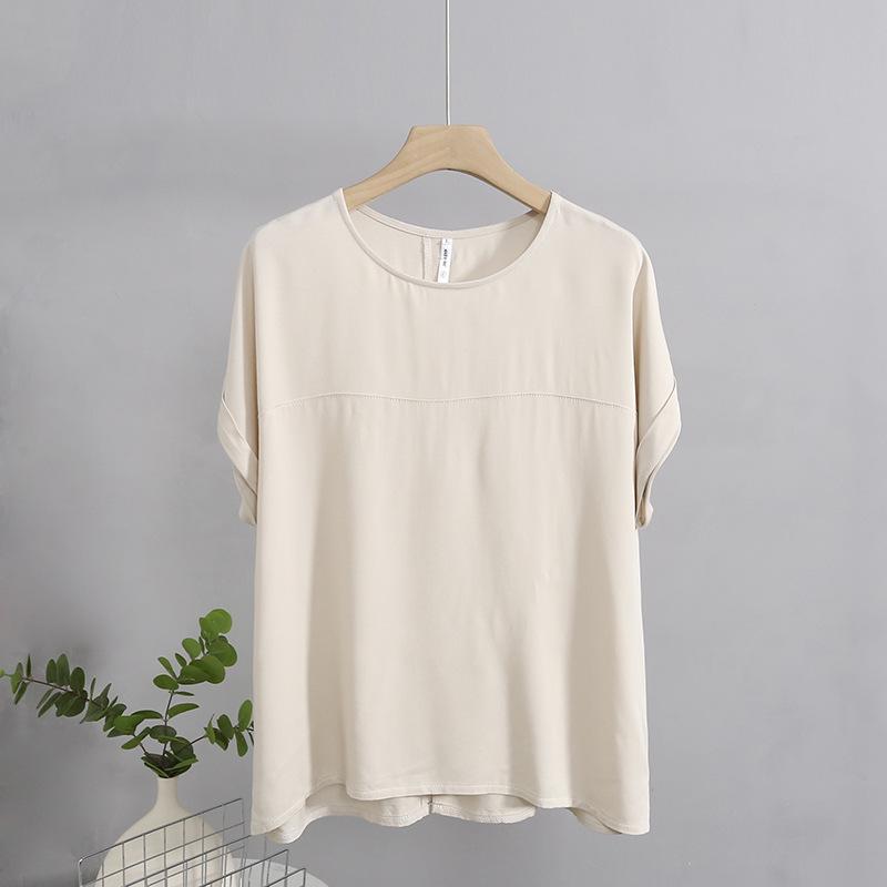 

Women s Summer Cotton & Silk Short-Sleeved T-Shirt - Literary, Simple, Loose, Versatile, Solid Color, Casual, Round Neck, Rayon. L (under 135 jin) бежевый