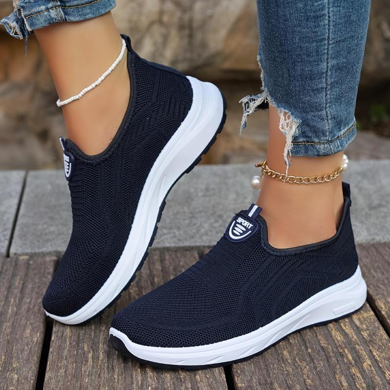 Women's Solid Color Platform Sneakers, Breathable Knit Slip On Outdoor Shoes, Comfortable Low Top Sport Shoes