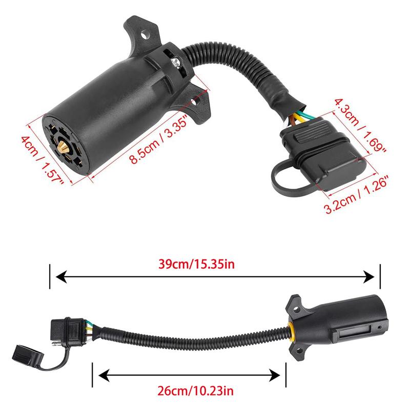 Trailer Plug Adapter, 7-Pin to 4-Pin with Waterproof Cap, 7 Way Round Plug Blade Connector Converts to 4 Way Flat Female Socket