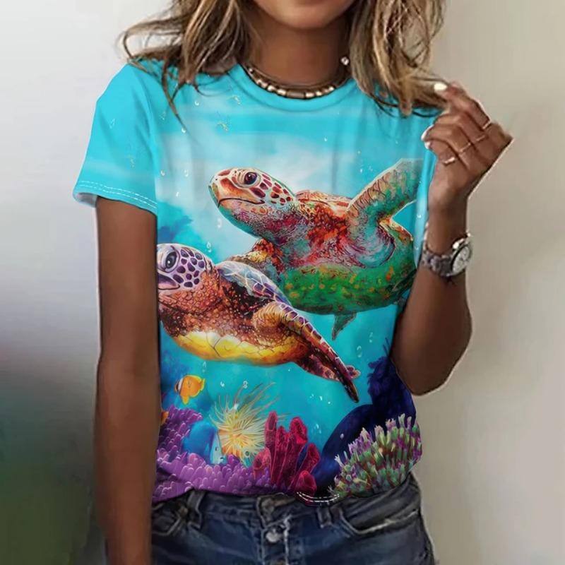 Fashion Turtle 3D Printed Summer T-shirt for Women's Outdoor Clothing Harajuku Casual Short Sleeved T-shirt for Women Round Neck T-shirt Top