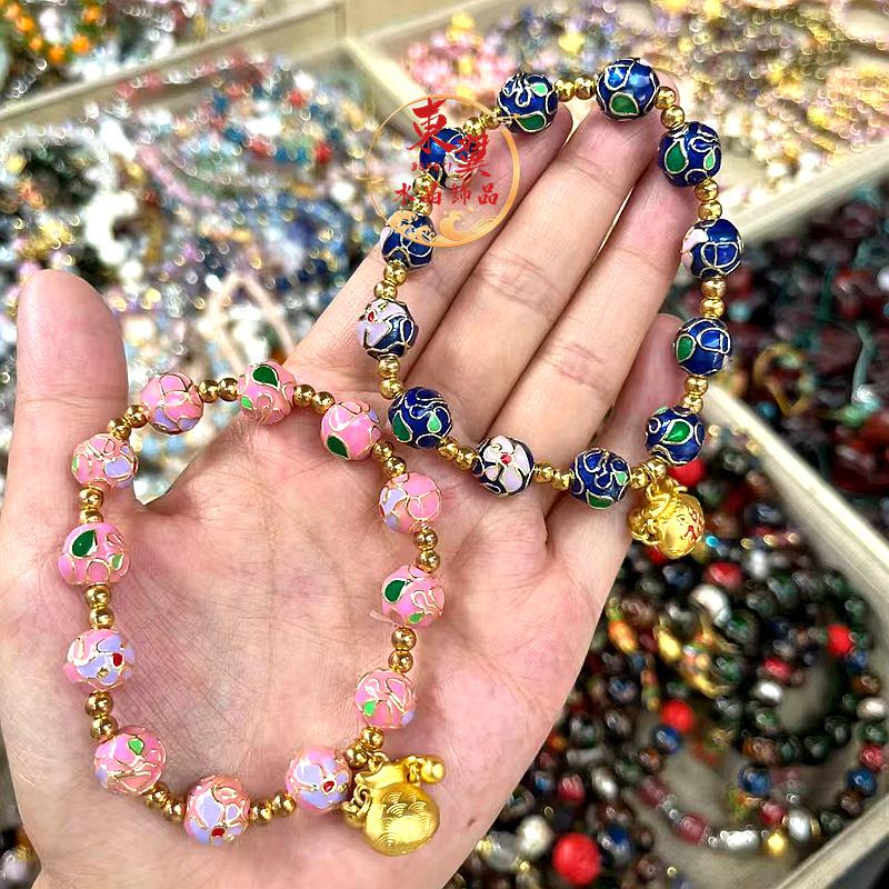 Blue  Pink Cloisonné Money Bag Fu Bead Bracelet with Incense Ash Porcelain Glaze and Gold Foil.
