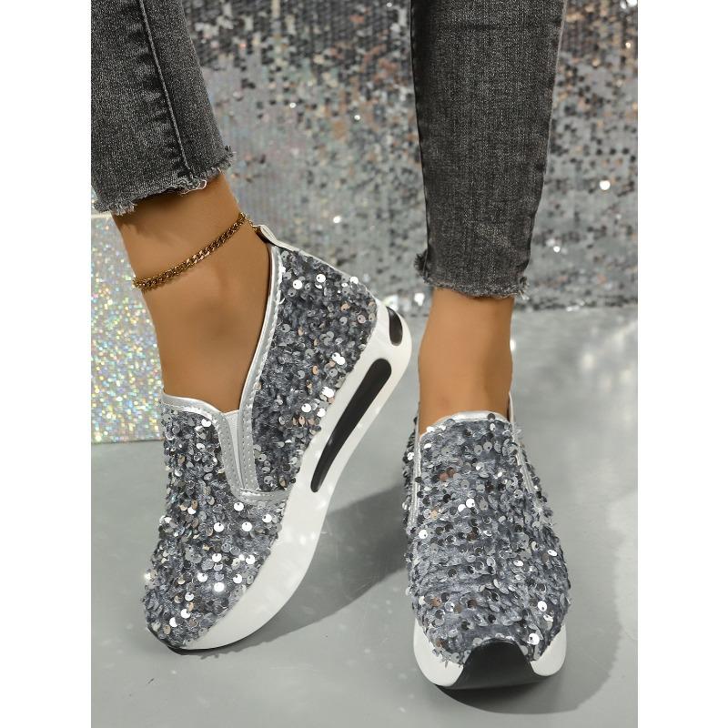 Women's Lace Sequin Slip-On Sneakers, Breathable Mesh Sneakers, Casual Sporty Shoes