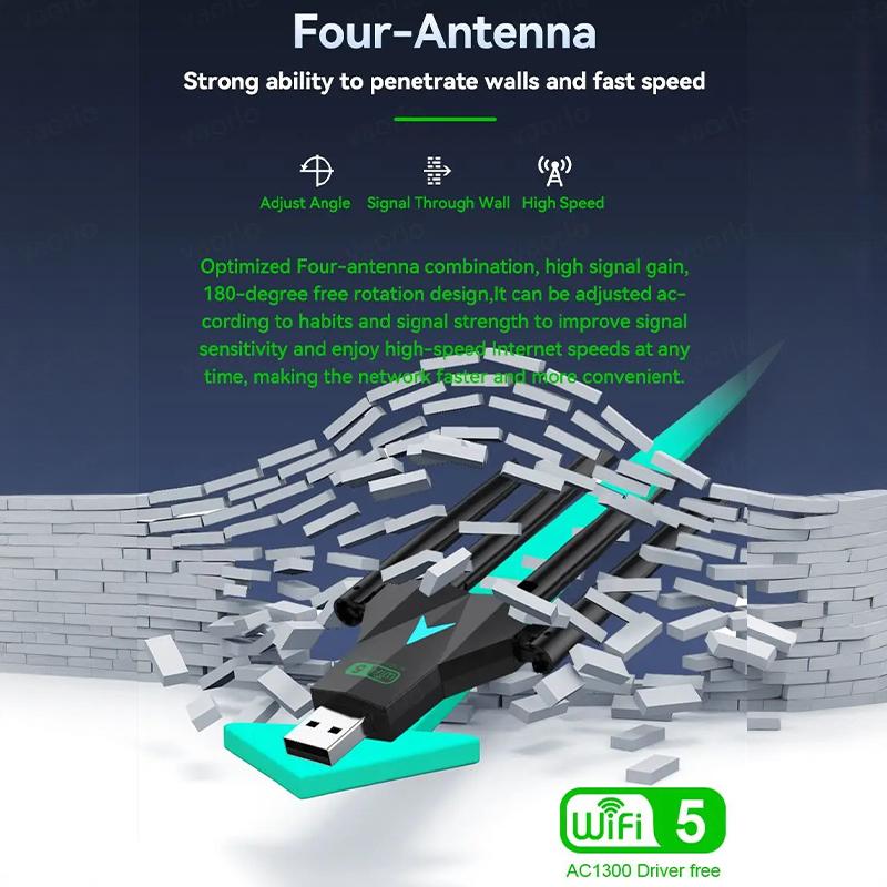 

Діапазонний USB-адаптер Wi-Fi 1300 Мбіт/с 2,4 ГГц/5 ГГц Wi-Fi-донгл USB 3.0 802.11Ac 4-антенний бездротовий приймач для ПК/ноутбука Без драйверів one size