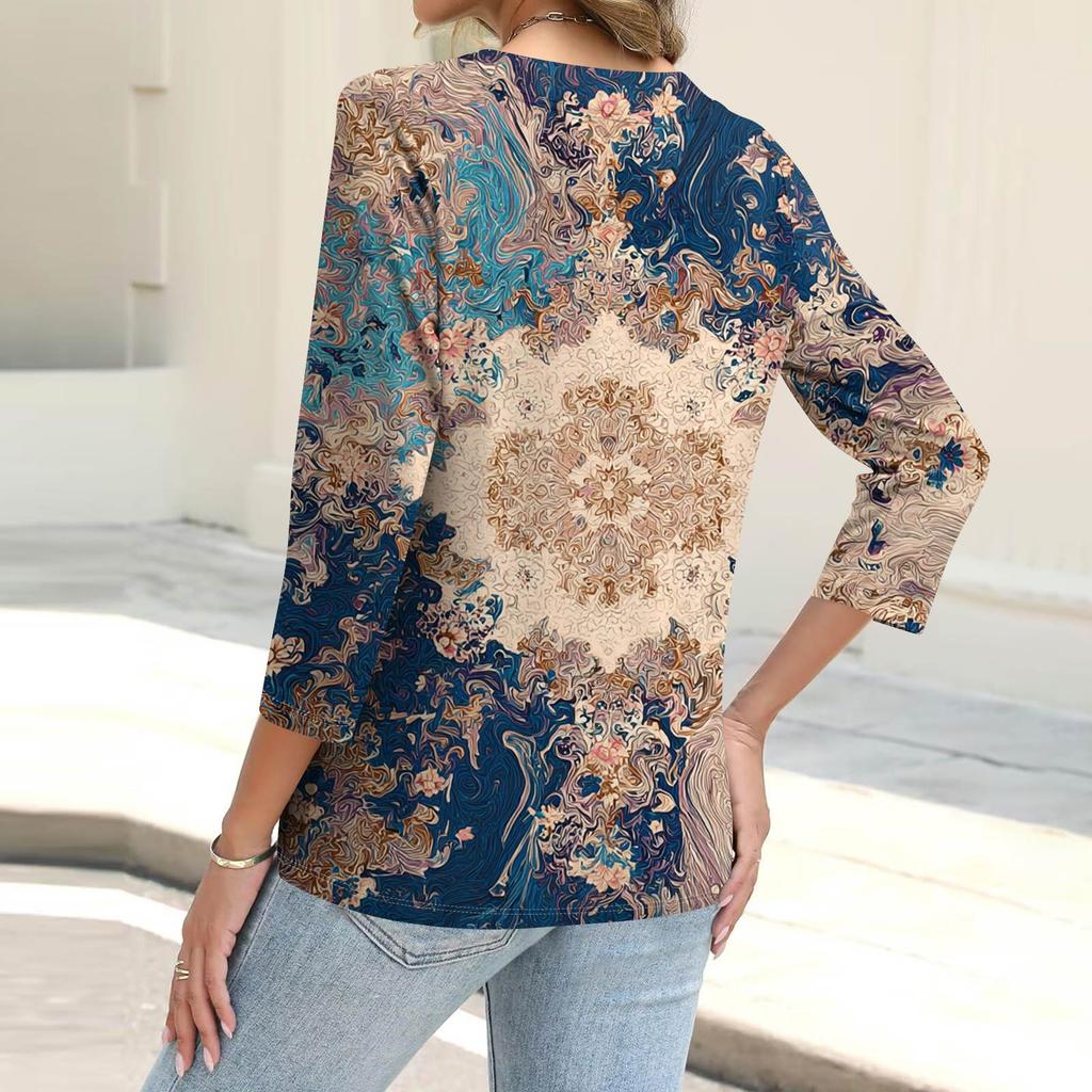 Women's Fashion Casual Print Button-down Shirt 3/4 Long Sleeve Tops