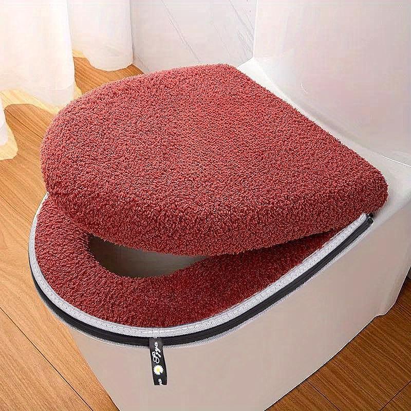 

Зимний утолщенный двойной комплект подушки для сиденья унитаза на молнии, водонепроницаемая подушка для ванной комнаты с ручкой, мягкая упругость, универсальный размер для домашнего использования красный