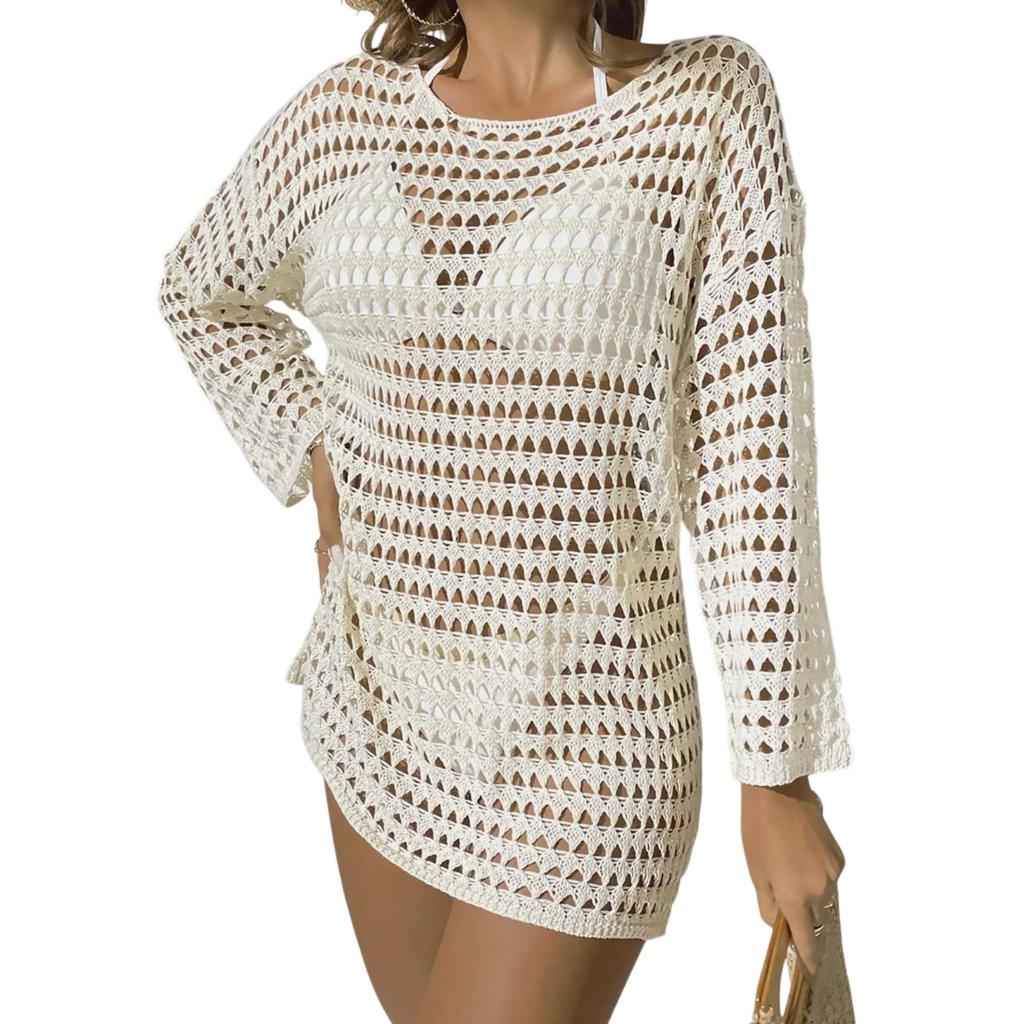 Women's Summer Sexy Knitted Hollow-Out Pullover Round Neck Long Sleeve Bikini Cover-up