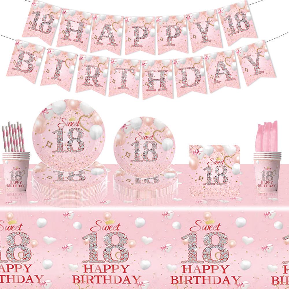 18th Birthday Pink Party Set: Plates, Cups, Napkins, Cutlery, Flags.