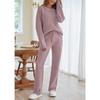 Women Fuzzy Knit Two Piece Set Round Neck Long Sleeve Sweater And Wide Leg Pants Loungewear