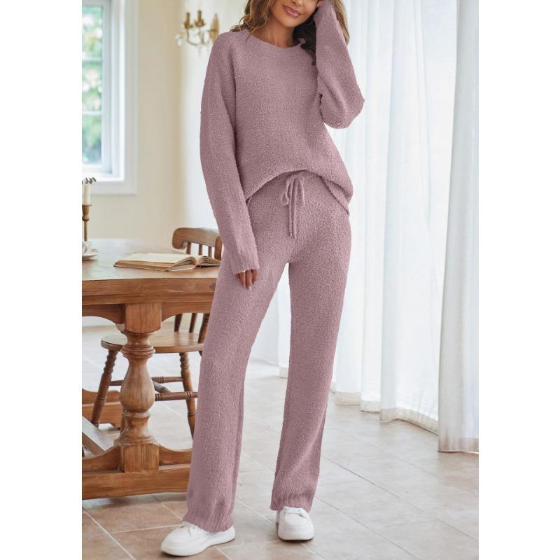 Women Fuzzy Knit Two Piece Set Round Neck Long Sleeve Sweater And Wide Leg Pants Loungewear