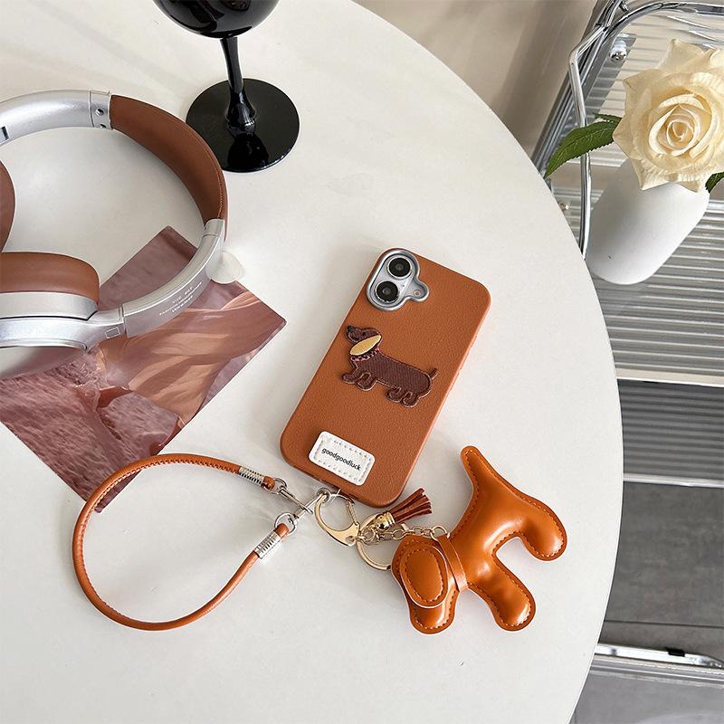 Imitation Leather Pattern Tpu Mobile Phone Case Is Suitable For Iphone16Promax Portable Rope Apple 15 Puppy Pendant 14 Women'S Models