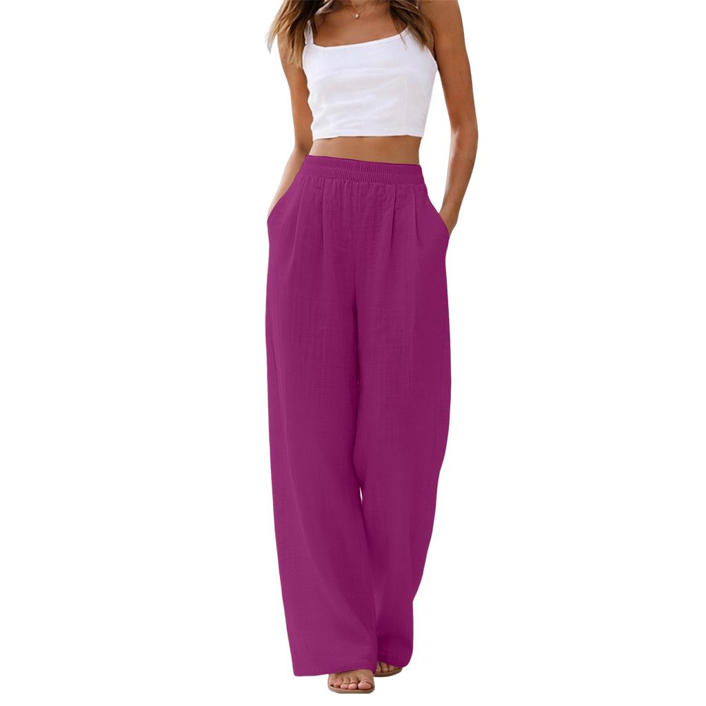 Women's Linen Wide Leg Pants Elastic Waist Summer Beach Vacation Lightweight Loose Fit Long Trousers Casual Comfortable
