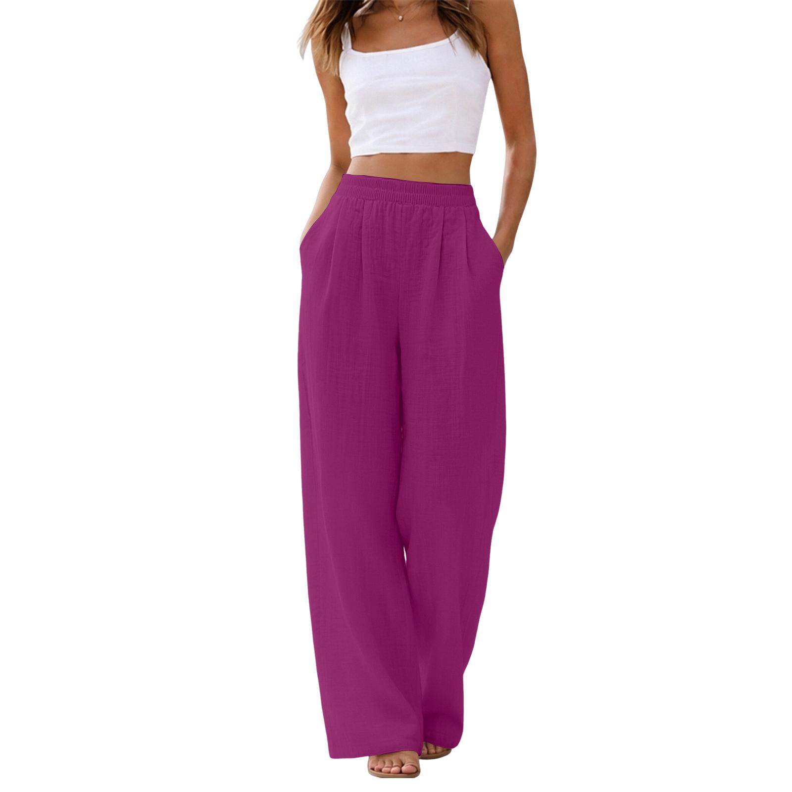 

Women s Linen Wide Leg Pants Elastic Waist Summer Beach Vacation Lightweight Loose Fit Long Trousers Casual Comfortable M