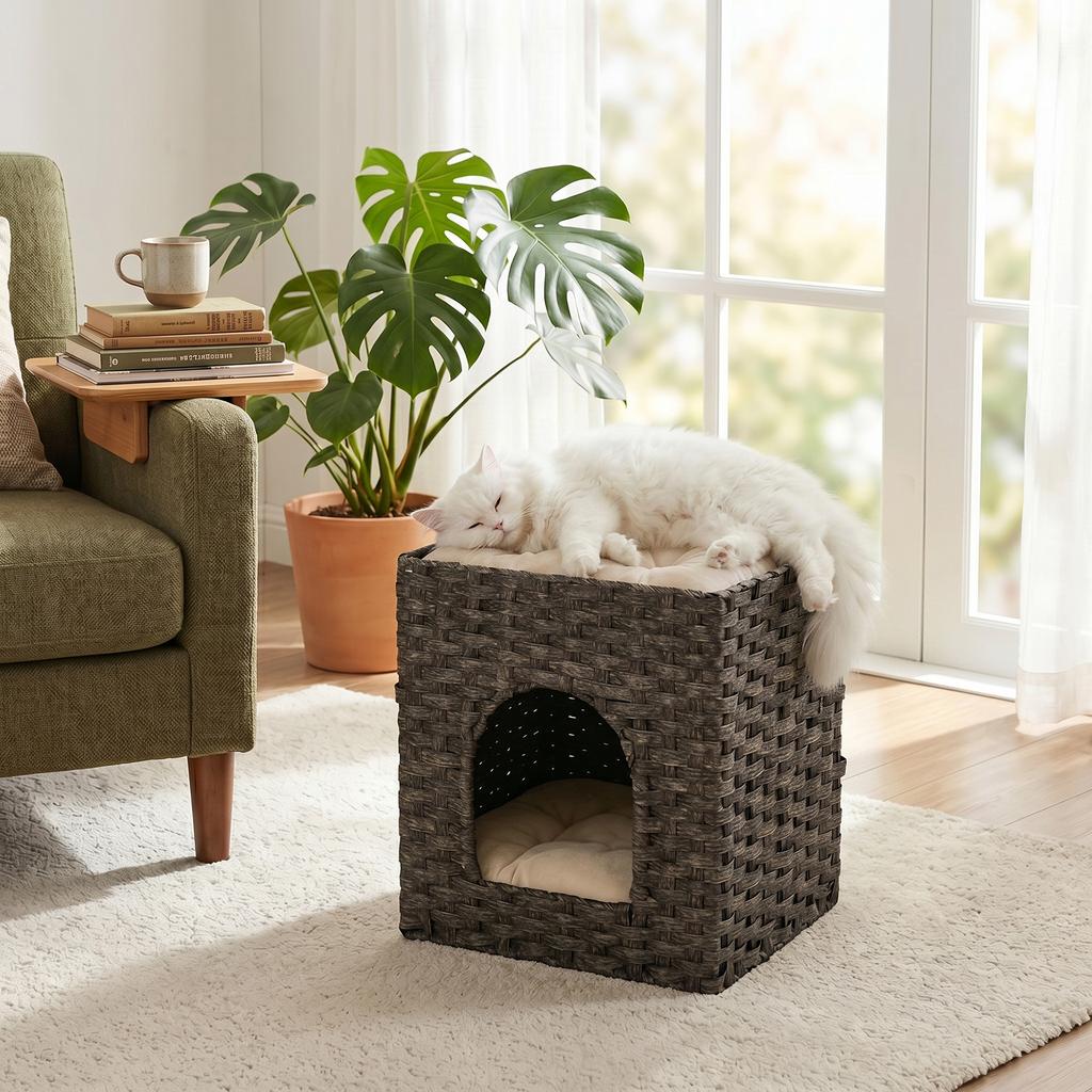 2-Tier Wicker Cat House, Handwoven Rattan Cat Bed with Washable Cushions, Indoor Kitten Condo Hideaway