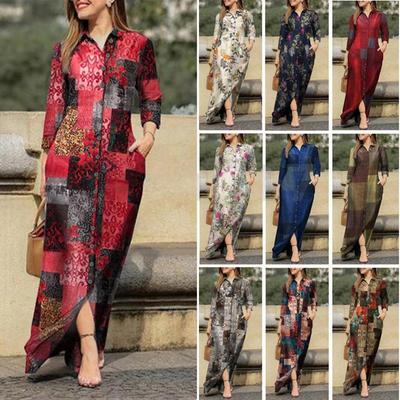 Robe décontractée longue à fleurs en coton pour femme avec boutons