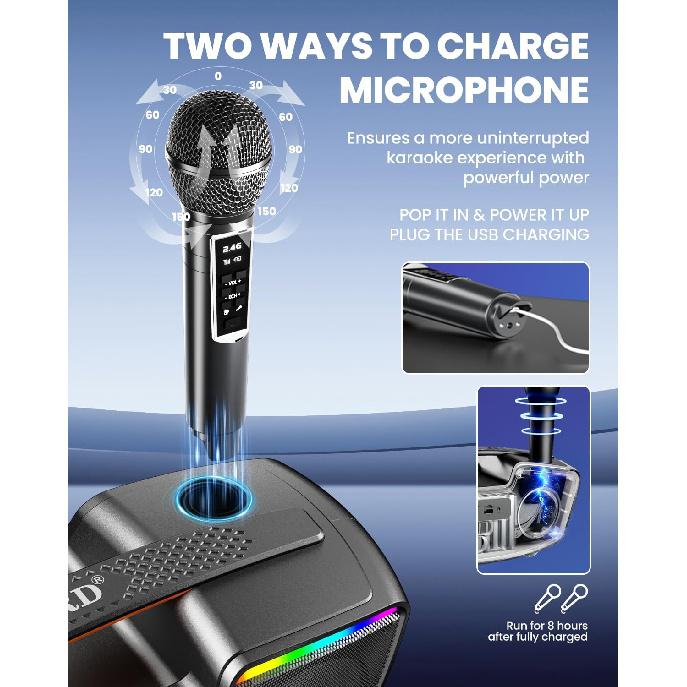Bluetooth Karaoke Machine for Adults & Kids, 80W Portable Speaker with 2 Wireless Microphones, Echo Adjustment, Support USB/AUX/TF Card