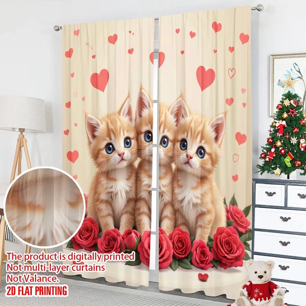 Flat Printing Scene Curtain Cute Kittens Red Roses Digital Printed Polyester Drapes Family Party Bedroom Living Curtains Set Of 2 Made Decor