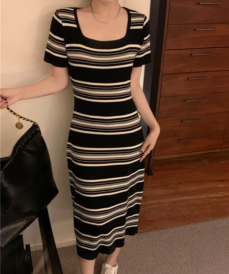 Striped Summer Dresses Women Contrast Color Knitting Korean Robe Femme Vintage Loose Square Neck Dress