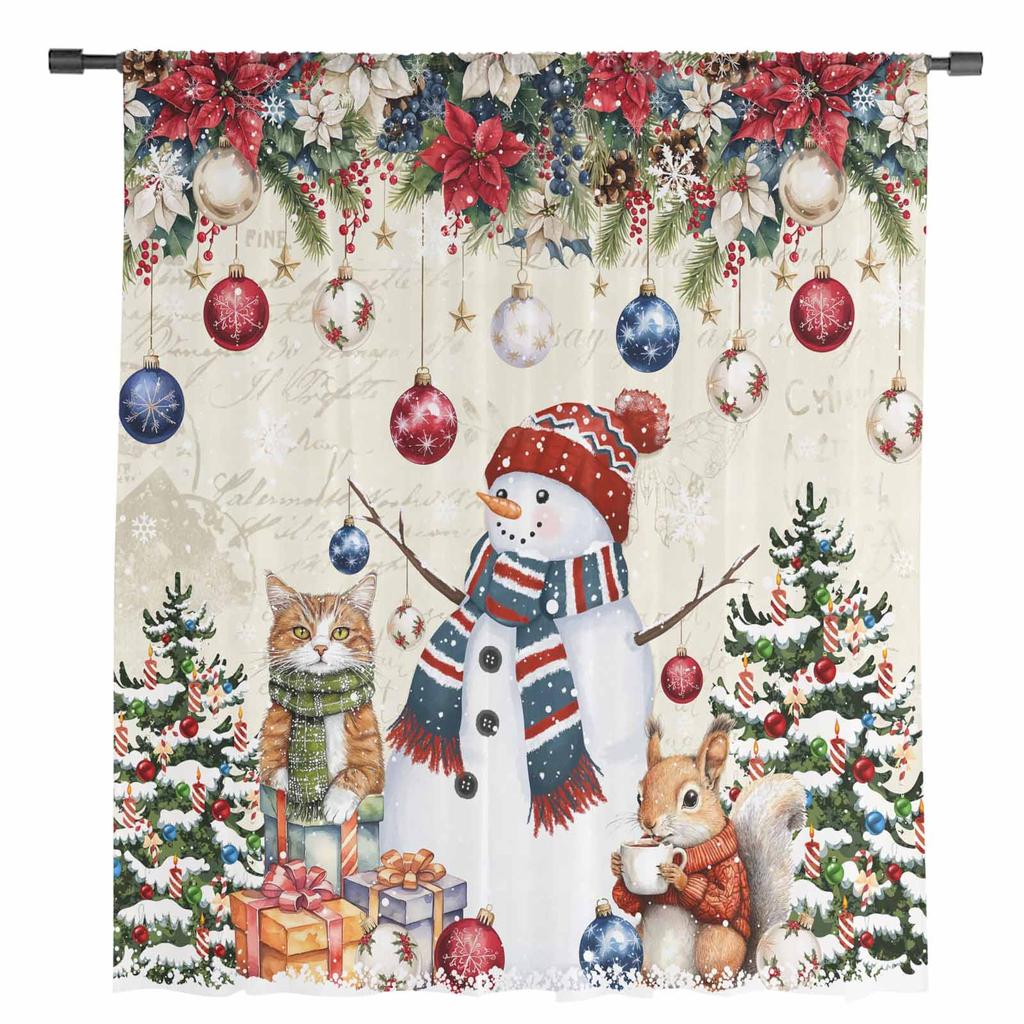 Christmas Tree Snowman Cat Squirrel Snowflake Ball Sheer Curtains Room Decoration Window Curtains Kitchen Tulle Voile Curtains