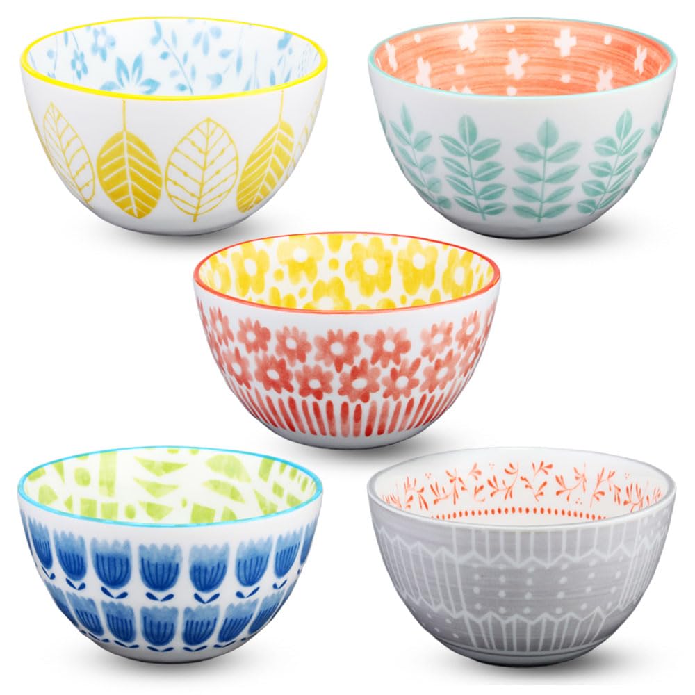 Add a Touch of Color To Your Life with These Mino Ware Bowls, Featuring a Nordic Floral Design In a Set of 5 Patterns. Made In Japan. Diameter 12.5cm,