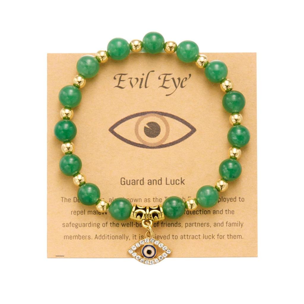 European-American Yoga Energy Bracelet with Natural Stone & Gold Spacer Beads, Featuring a Blue Evil Eye.