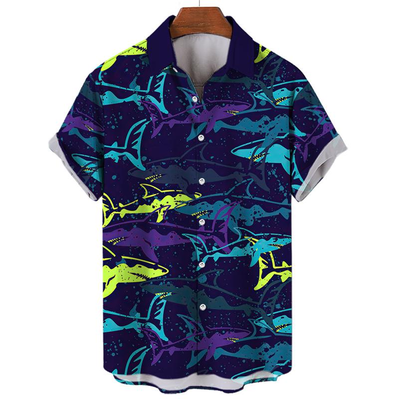 3D-tryckt Haj Manet Hawaiiskjorta för Män Casual Havsliv Djurmönster Kortärmad Blus Sommar Mode Toppar Skjortor