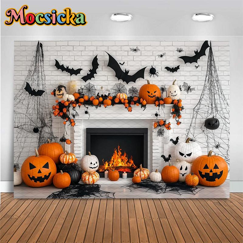 Mocsicka Halloween Photography Background White Fireplace Wall Bat Spider Web Pumpkin Party Decorations Photo Backdrop Wallpaper