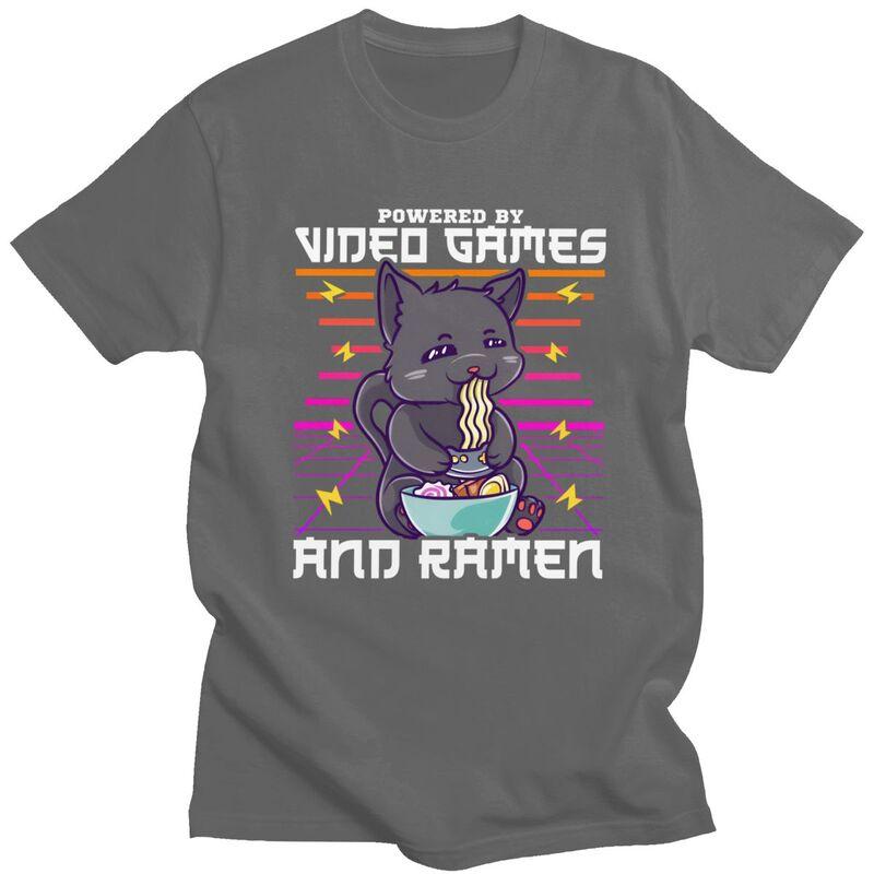 Powered By Video Games Ramen Anime Cat T Shirts Men 100 Cotton Tees Fathers Day Gift Tshirts ShortSleeve Tshirt Clothes