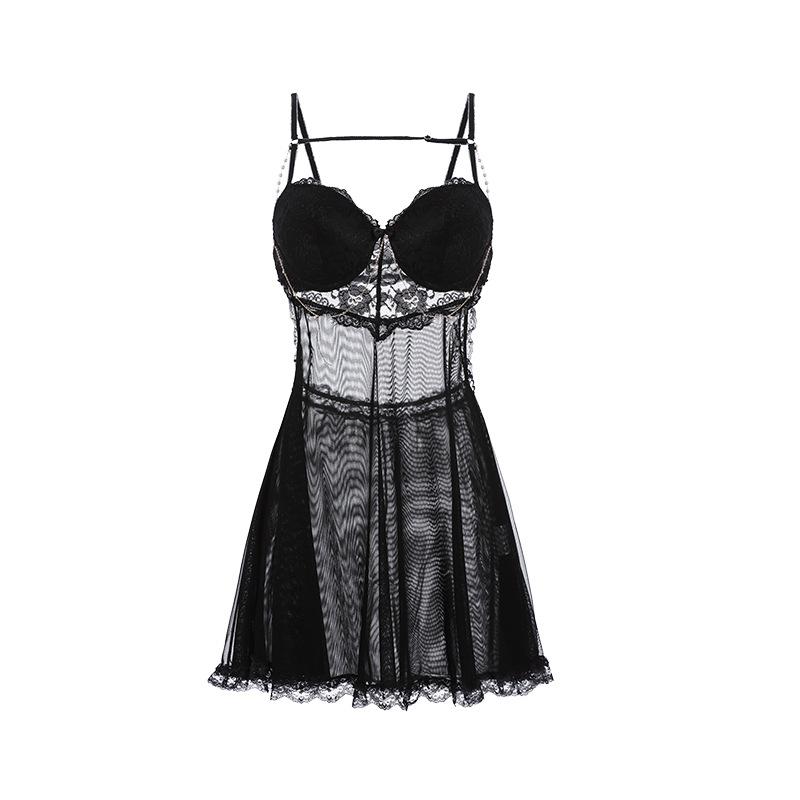 Women's Mesh Underwire Push Up Padded Backless Cami Sleep Dress Costume Set
