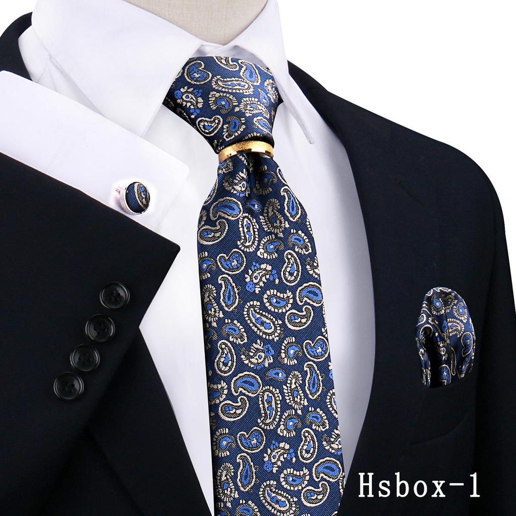 Men's Tie, Pocket Square, and Cufflinks 4-Piece Set - Cashew Flower Design, High-End Feel, 8cm Tie