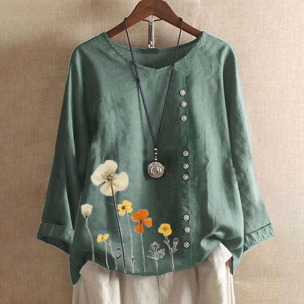 Women Casual Floral Print Long Sleeve Button  Loose T-Shirt Top Blouse