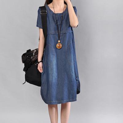 Summer New Korean Version Large Size Women's Clothing Cotton Washed Denim Skirt Loose Round Neck Short Sleeve Medium and Long Dress