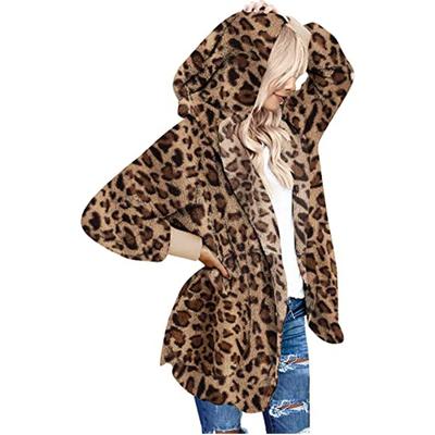 Γυναικείες Casual Leopard τσέπες Ramidos Υπερμεγέθη πανωφόρι με ψεύτικη γούνα με κουκούλα με κουκούλα