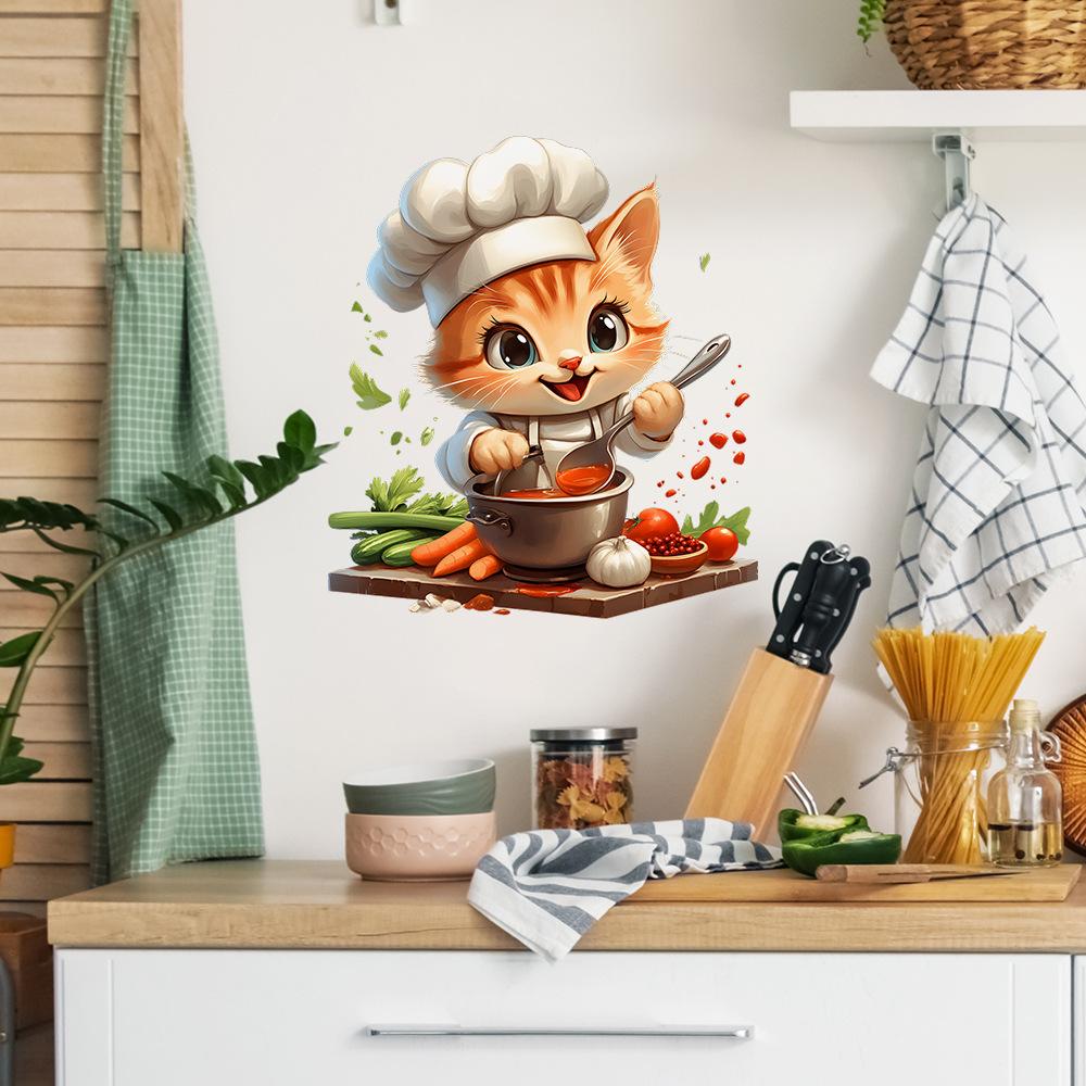 Self Adhesive Cartoon Chef Kitten Wall Stickers for Kitchen Cabinet Decor Peel and Stick Removable Waterproof