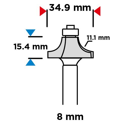 Shape milling cutter with bearing, rounding, HM, 34.9 x 15.4 mm, 8 mm shank
