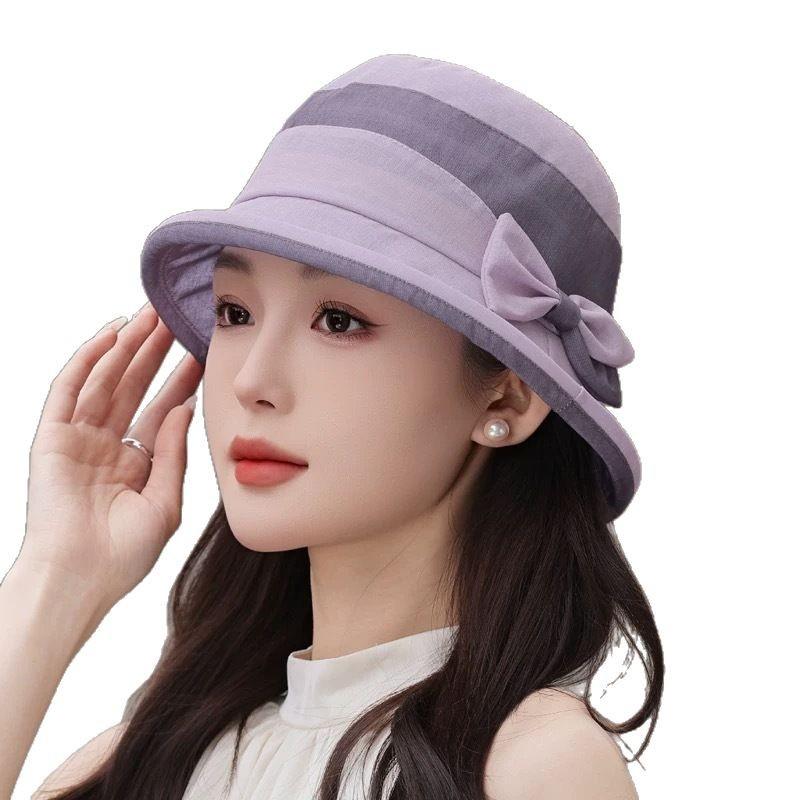 Mom Sunscreen Cap Outdoor Breathable Light Color Matching Bow Sun Hat Middle-Aged And Elderly Temperament Eugen Yarn Basin Hat Women