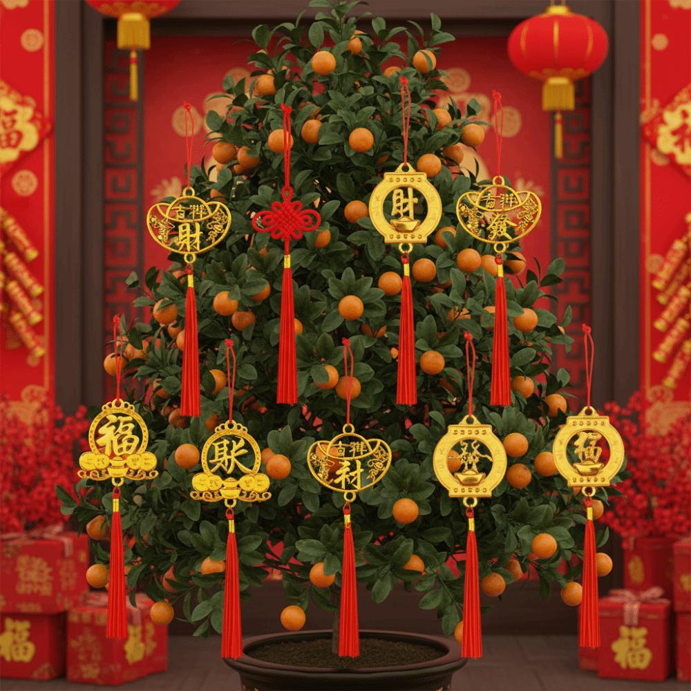 6/10Pcs Gold Chinese New Year Pendant Good Luck Wealth Spring Festival Bonsai Pendant with Tassel Waterproof