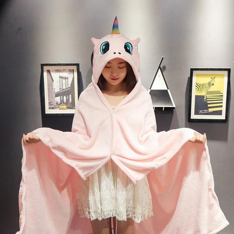 Cartoon Cute Cape Blanket Flannel Lazy Shawl Cape Student Hooded Home Office Nap Blanket Winter Bed Blanket Coral Velvet Warm
