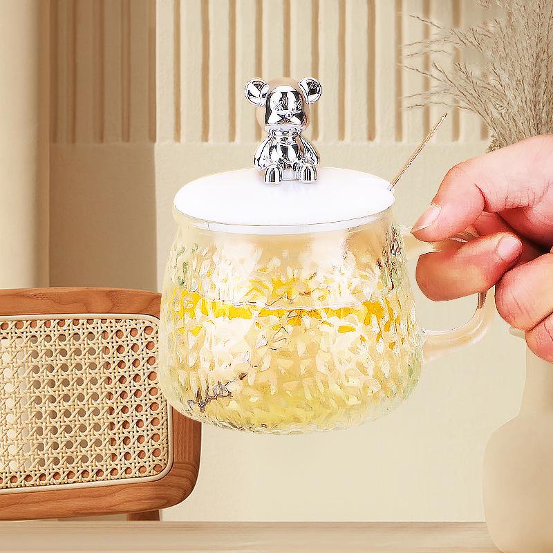Trendige Bären-Glastasse mit Henkel & Deckel - Stilvolle und niedliche Heim-Wassertasse