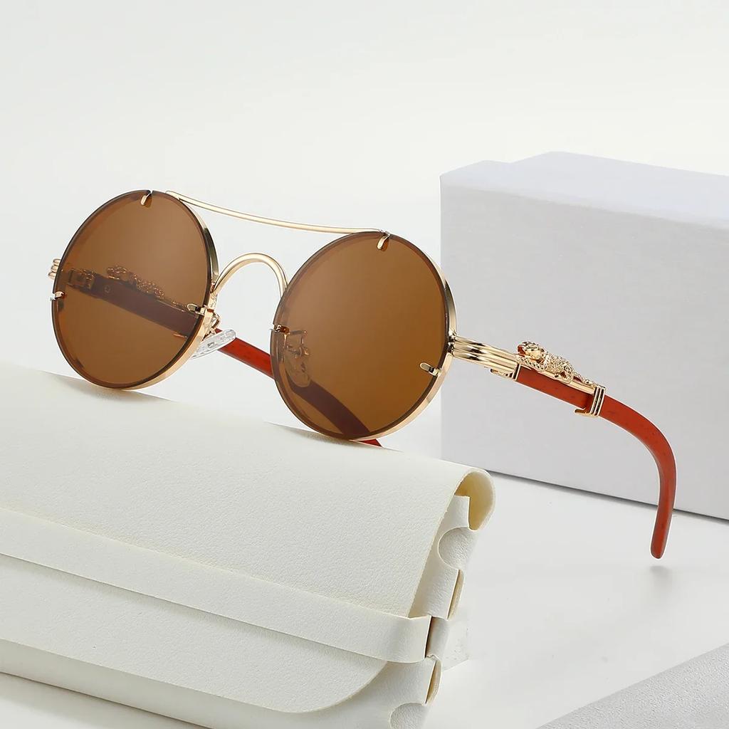New Fashion Round Double Beam Leopard Head Men'S Sunglasses Luxury Metal Frame Women'S Multi Color Outdoor Travel Sunglasses