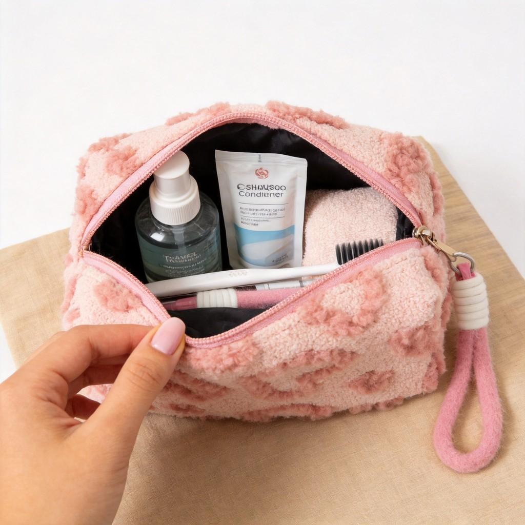 Sweet Plush Cosmetic Organizer With Heart Pattern And Zipper Closure For Women And Men