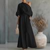 Set da 2 Pezzi Outfit Estivo da Donna Top Scollo a Barca Manica Corta Pantaloni Lunghi a Vita Alta Gamba Larga Oversize Set Tuta da Casa Colore Puro