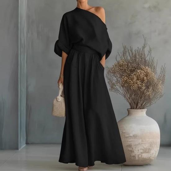 Set da 2 Pezzi Outfit Estivo da Donna Top Scollo a Barca Manica Corta Pantaloni Lunghi a Vita Alta Gamba Larga Oversize Set Tuta da Casa Colore Puro