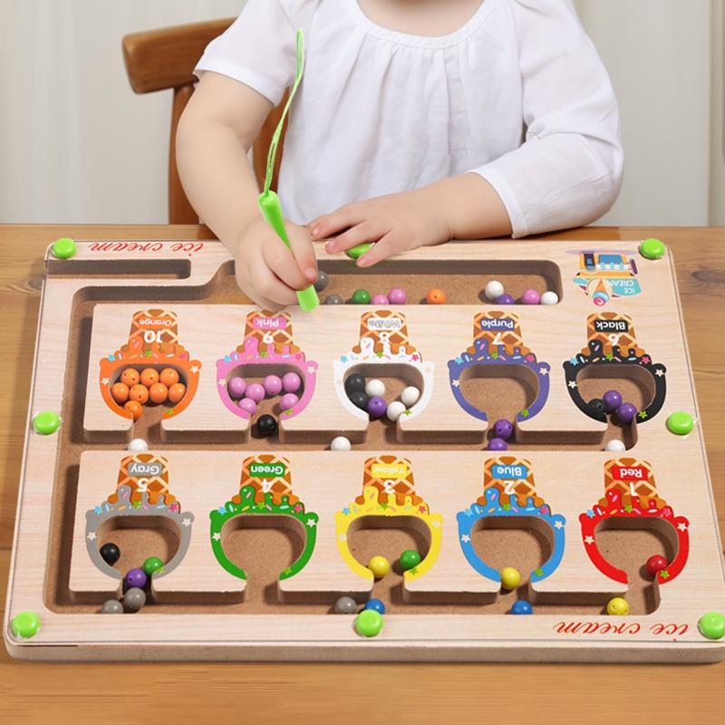Montessori Magnetic Color Sorting Games Maze Board Pen Moving Bead Games Wooden Control Sensory Play Educational Toys for Kids