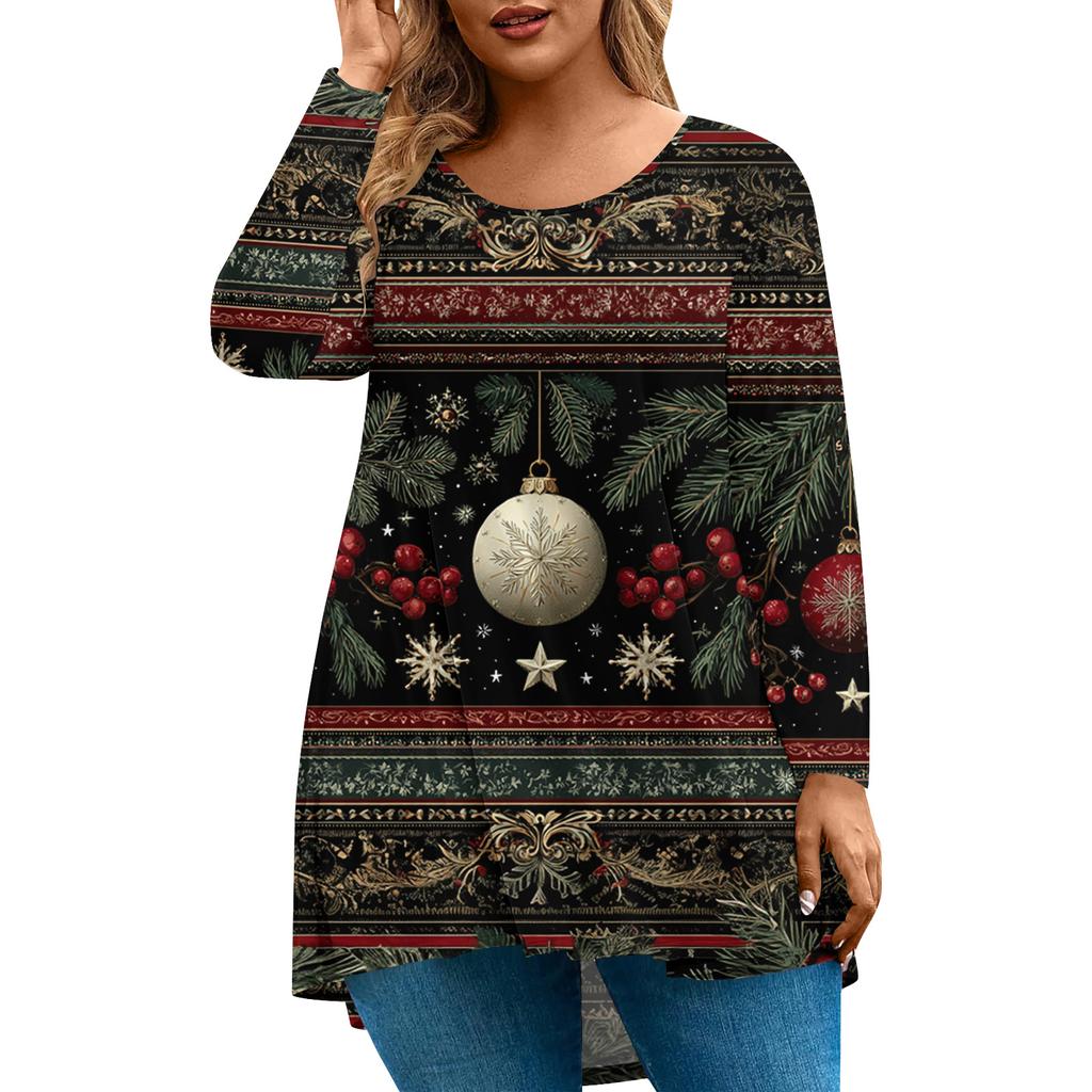 Women's Fashionable Casual Long Sleeved Plus Size  Print Top Plus Size Floral Print Top