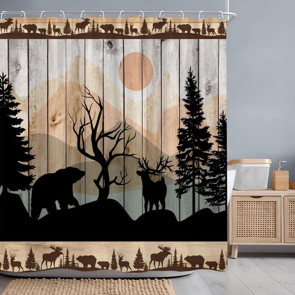 Vintage Brown Bear Shower Curtain Rustic Wooden Panel Texas Star Black And White Check Jungle Fabric Bath Curtain Bathroom Decor